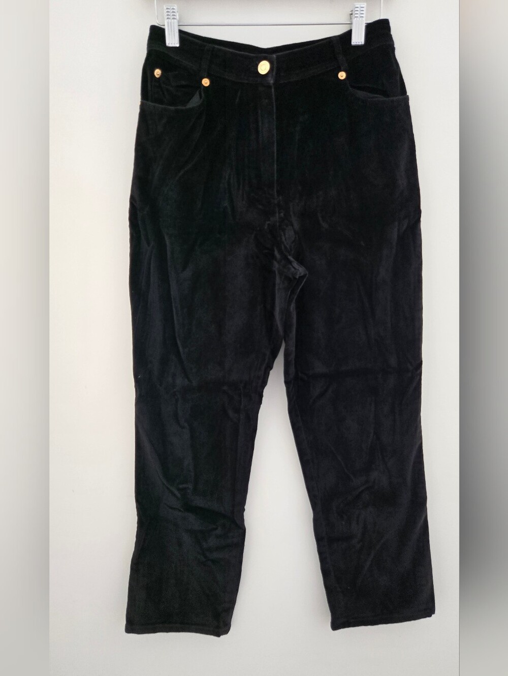 Vintage St. John Sport Black Velvet Straight Leg Jeans Size 4 Gold Hardware
